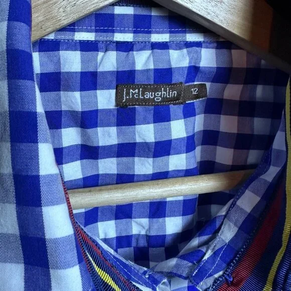J. McLaughlin Women 12 Check Plaid White Blue Button Down Cotton Casual Shirt - Picture 5 of 8